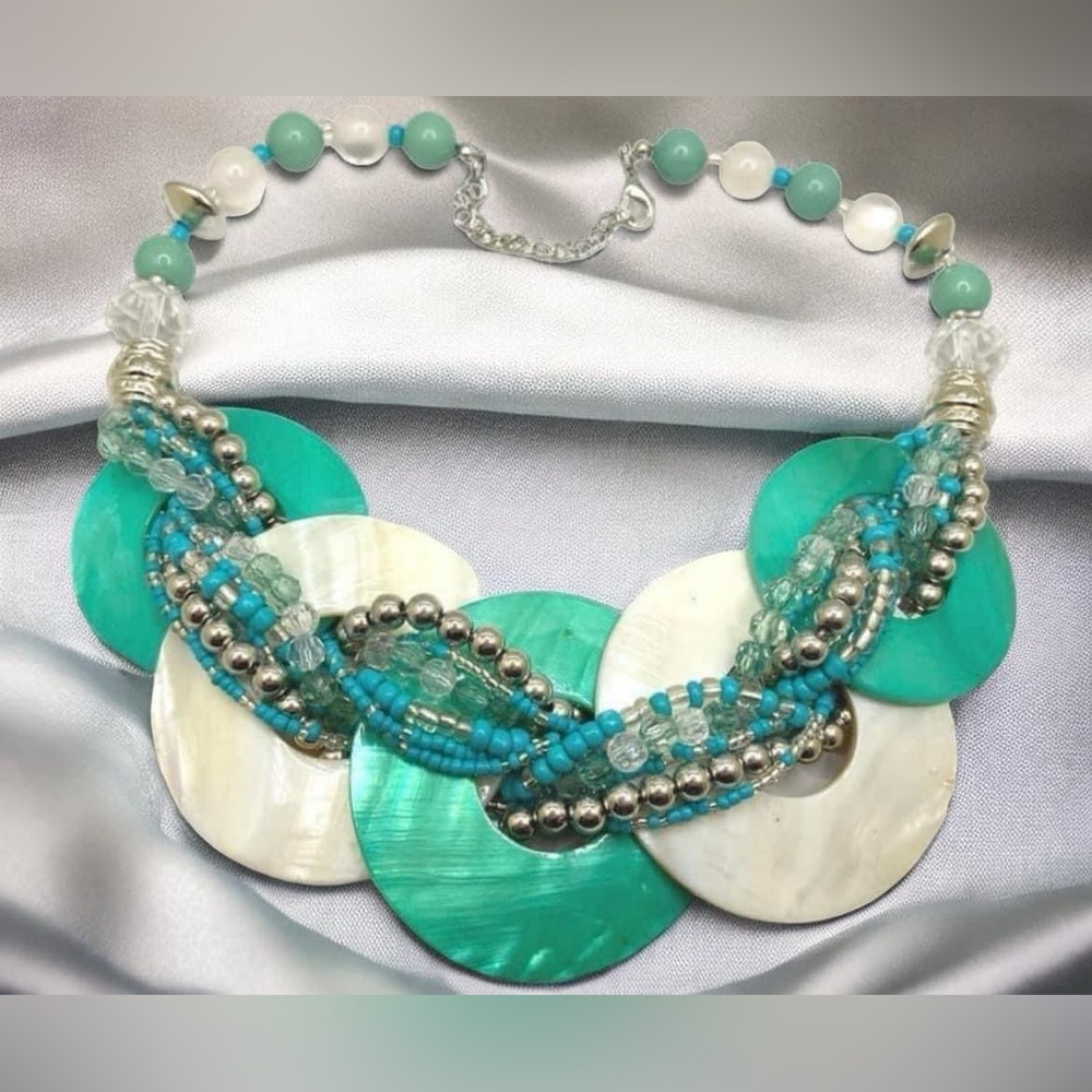 Mother of Pearl shell, glass, metal, lucite & moonglow beaded statement bib